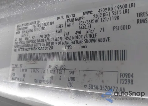 2019 Ford Transit-350 z USA, uszkodzony, nr VIN 1FTBW2YM6KKA10128